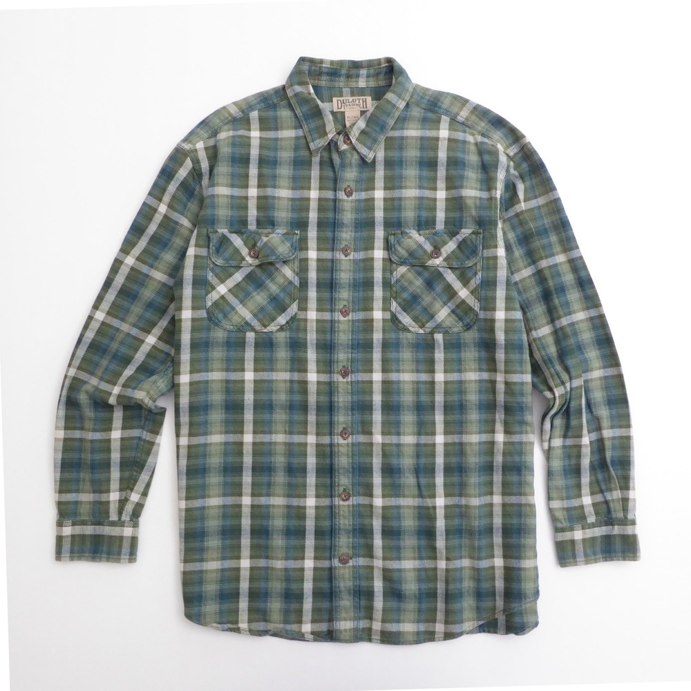 Duluth Trading Co Mens Burlyweight Flannel Button Up Shirt Green Plaid XL Tall